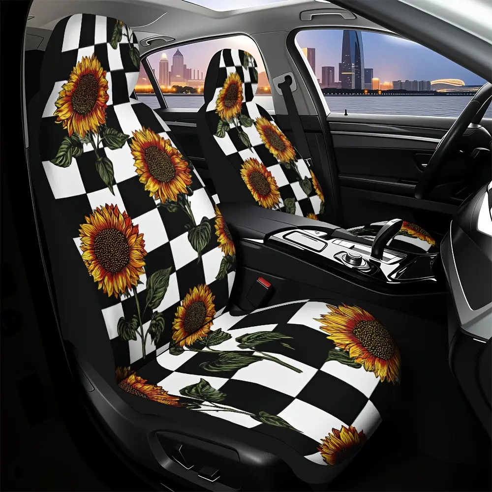 Set of 2, Sunflower Patterned Car Seat Covers, Automotive Seat Covers, with Checkered Background, Made from Soft, Washable Fabric, enhances vehicle interior with elegance