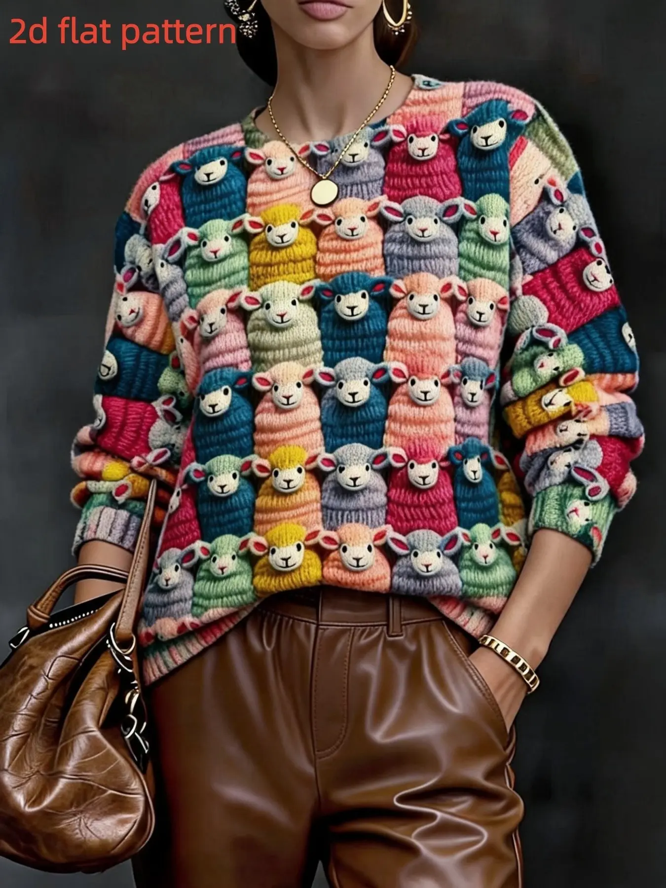 Women's Long Sleeve Knit Sweater, Elegant All over Print, Slim-Fitting Round Neck, Fall & Winter Fashion, Cartoon Sheep Pattern