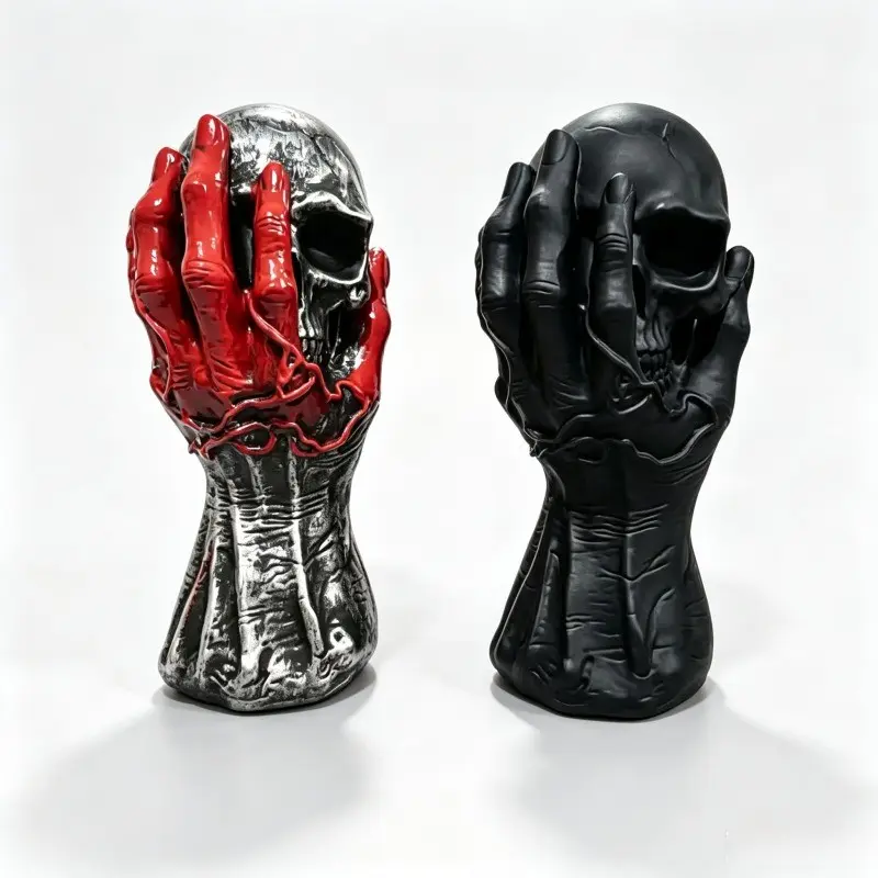 1Pc Halloween Skull Statue Creepy Monster Hand Figurine Gothic Spooky Dark Academia Horror Aesthetic Red Claw Clutching Silver Skull Matte Black Vinyl PVC Desktop Ornament Home Desk Decor Home Decor Sculptures