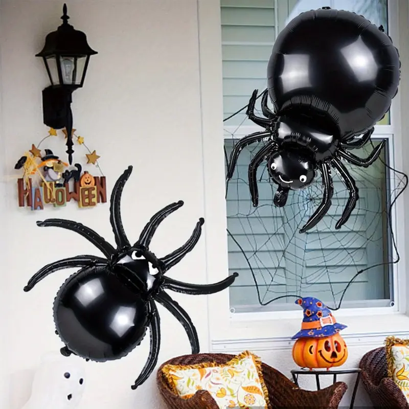 5-10 spider balloons, Halloween spider plus accessories aluminum balloon set, Halloween theme, scary black spider balloons, suitable for outdoor and indoor Halloween decoration, fun birthday decoration balloons.