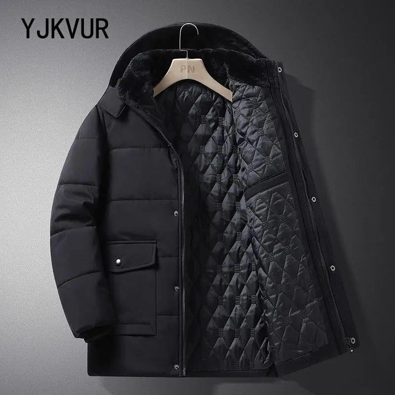 Men's Thick Cotton Fleece-Lined Military Parka Coat - Waterproof Hooded Winter Windbreaker, Plus-Size Warm Long-Sleeve Tops