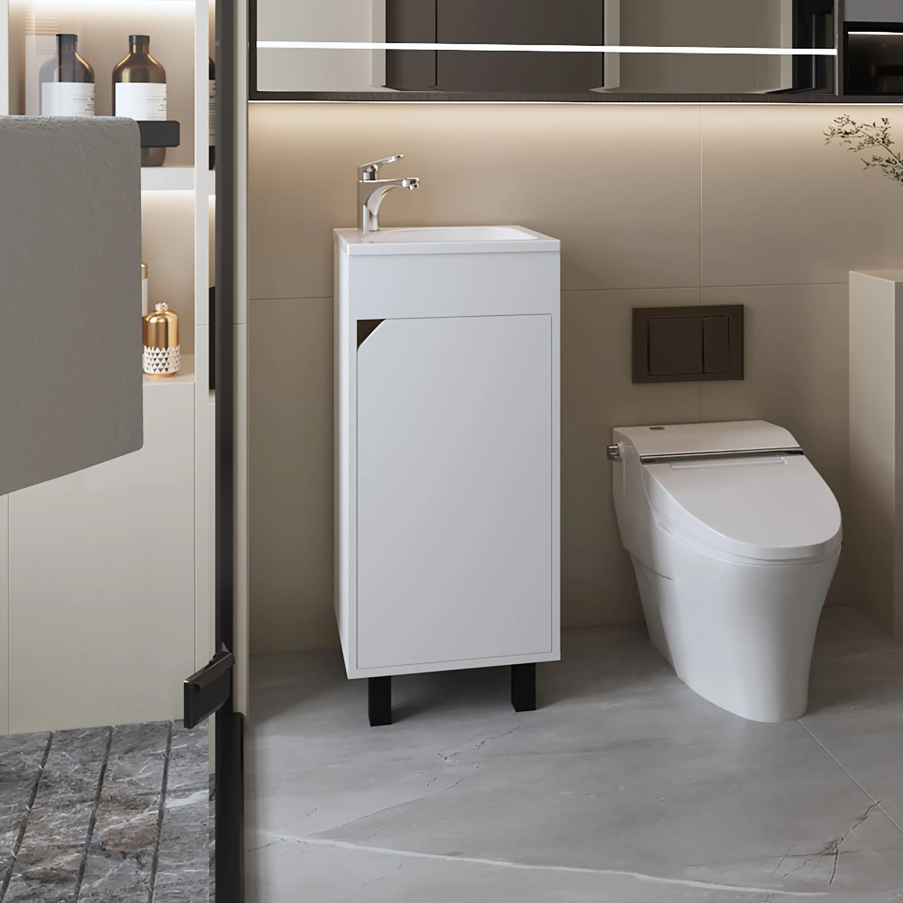 White Bathroom Vanity with Integrated Sink, Compact Particle Board Cabinet with Door and Shelf, Modern Small Bathroom Storage