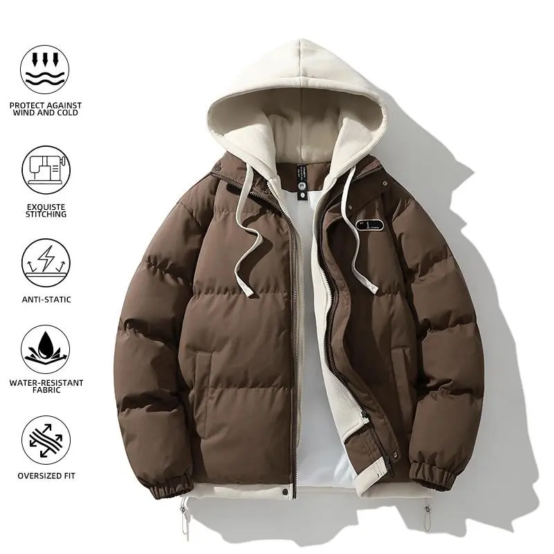 Autumn And Winter Men'S Couple Warm Thick Cotton Coats Dopamine Fake Two-Piece Hooded Jackets Outdoor Warm Comfortable Cotton Clothing 2025 New Winter Tops Casual Fleece