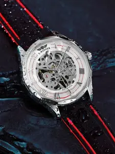 Trendy Men's Hollow Mechanical Watch, Waterproof Roman Numerals, Colorblock Silicone Strap, Manual Winding, Business Casual, Gift Idea