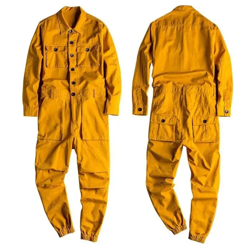 Men's jumpsuit loose long sleeved cotton camisole pants dark yellow work clothes long pants work clothes jumpsuit men's beige