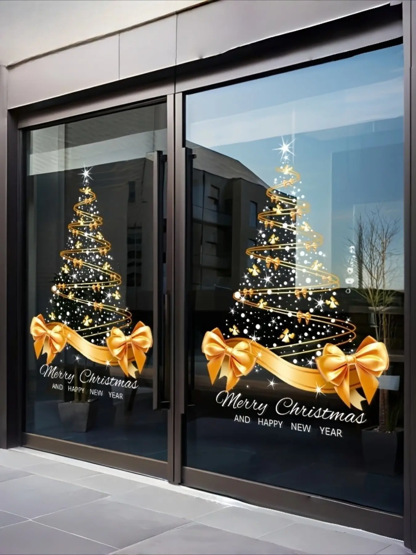 A Golden Christmas tree sticker DIY Merry Christmas sticker window glass door electrostatic sticker, Window Decals, Glass Decoration, Festive Pattern, Contemporary Style, Easy Application, Adhesivefree, Seasonal Decal, Festive Gift, Holiday Shoppers