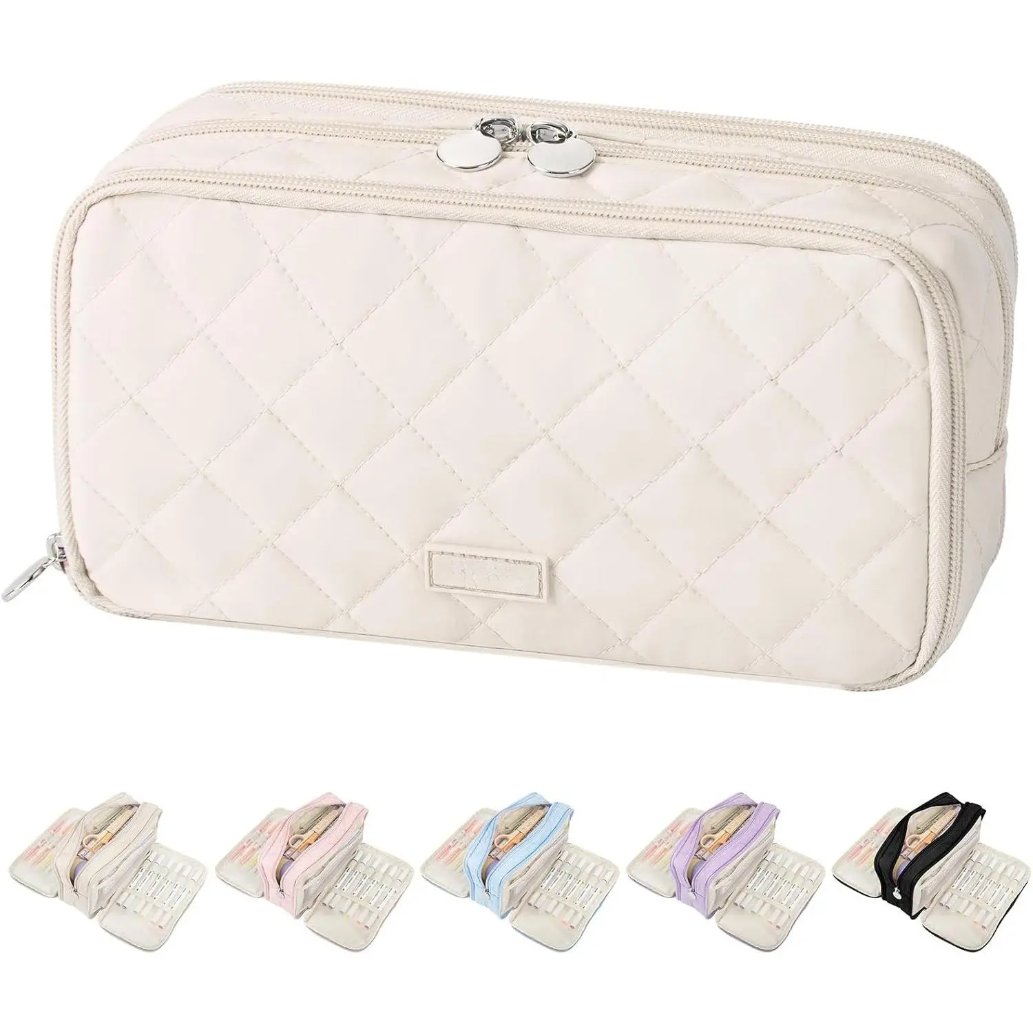 Cute Pencil Case for School, Soft Quilted Pencil Pouch Organizer with 3 Compartments, Large Double Zipper Pencil Bag for Teen Girls, Boys & Women (Beige)