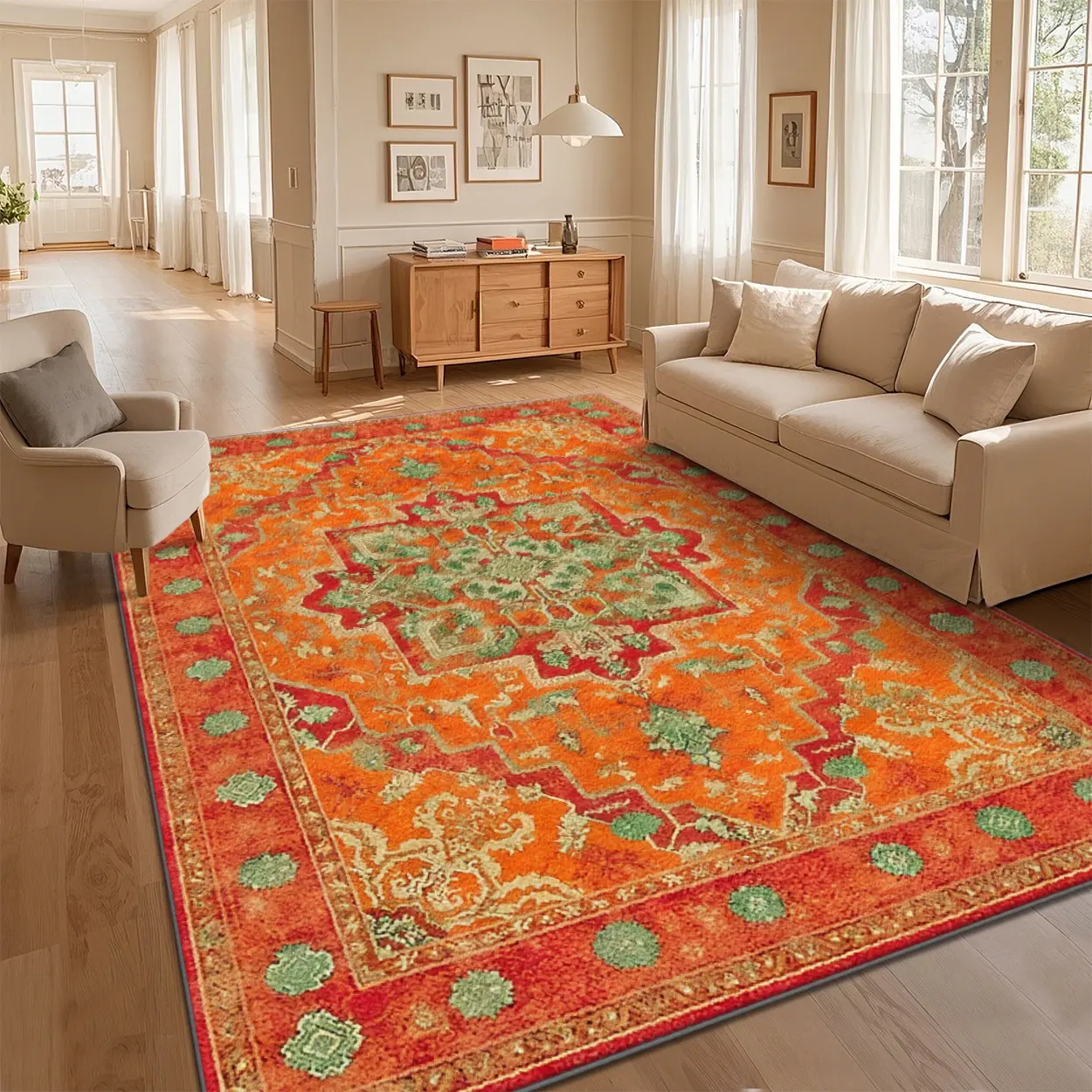 Vintage Retro Persian Boho Rug, 3x5ft Washable Non-Slip Polyester Rug with Floral Medallion & Bohemian Warmth, Indoor Use for Living/Dining Room