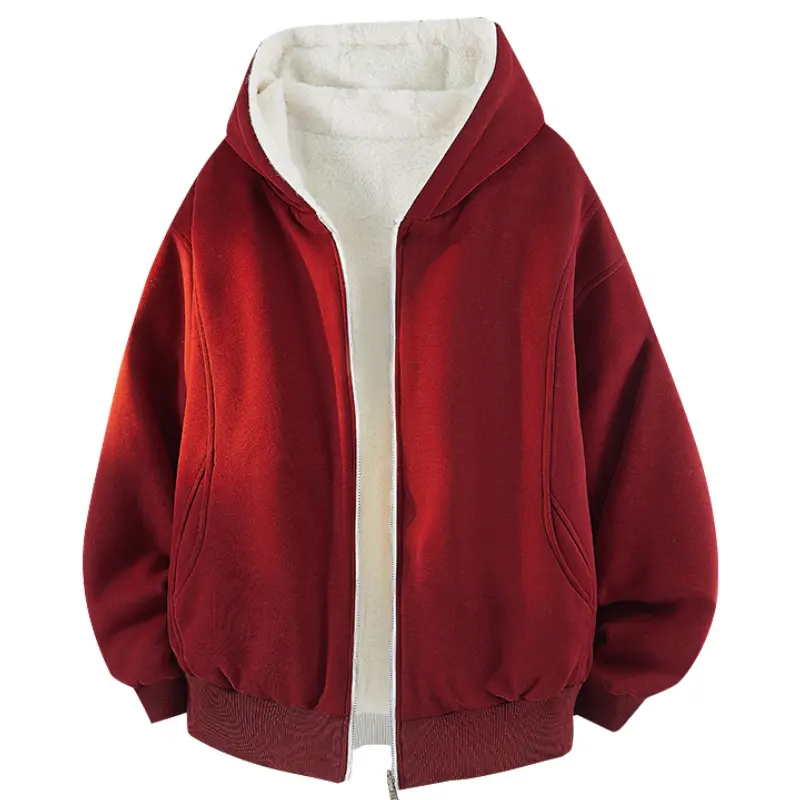Mens Solid Reversible Hooded Zip-Up Fleece-Lined Coat - Menswear, Plain, Casual, Long Sleeve, Double-Sided Wear, Thick Sherpa Lining, Side Pockets, Drop Shoulder, Loose Warm Outerwear for Autumn Winter Daily Outfits #FallVibes, Coats