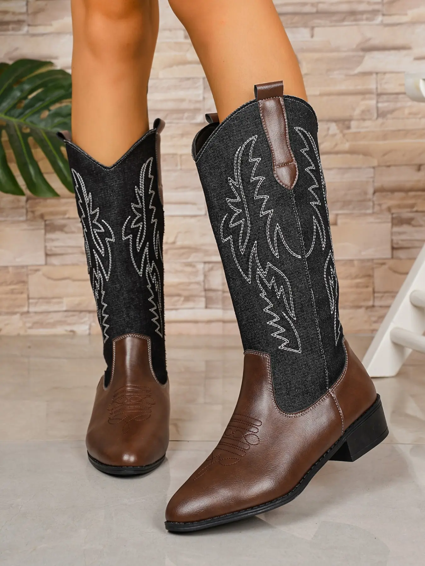 Women Denim Patchwork Western Cowboy Boots Knee High Pointed Toe Low Chunky Heel Tall Cowgirl Boots Embroidered Country Concert Long Boots