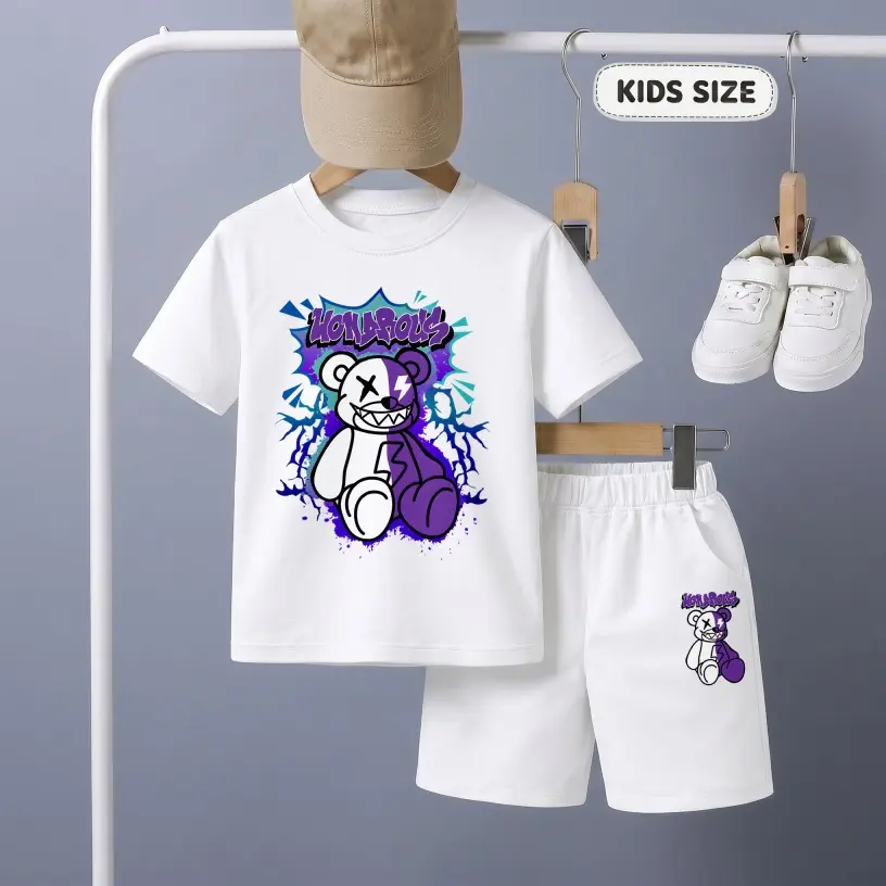 Boys’ Punk Bear Printed Design Short Sleeve T-Shirt And Shorts Set, Casual Kids Summer Outfit, Comfortable Crew Neck Clothing Set For Daily Wear And Outdoor Play