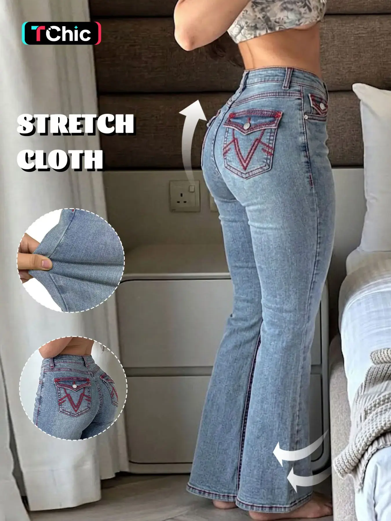 GILIPUR Women's Light Blue Washed Low Waist Butt Lifting Flare Jeans, High Stretch Contrast Red V-Stitching Back Pockets Bootcut Denim Pants, Y2K Vintage Streetwear Daily Casual Date Outfits for Women TChic