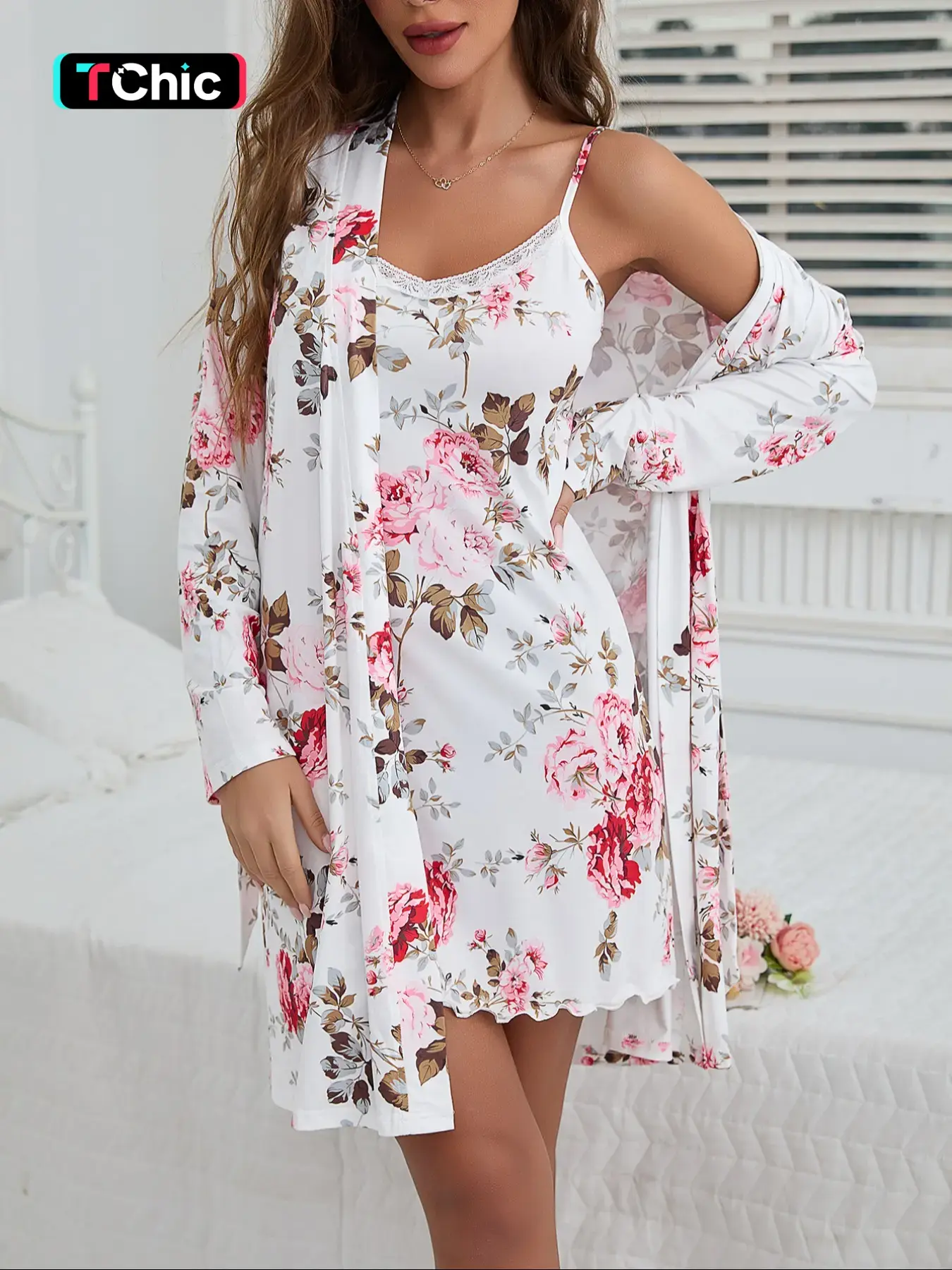 Women's Floral Print Belted  Robe & Cami Nightdress Two-piece Set, Casual Comfy Loungewear Set for Women, Ladies Sleepwear for All Seasons