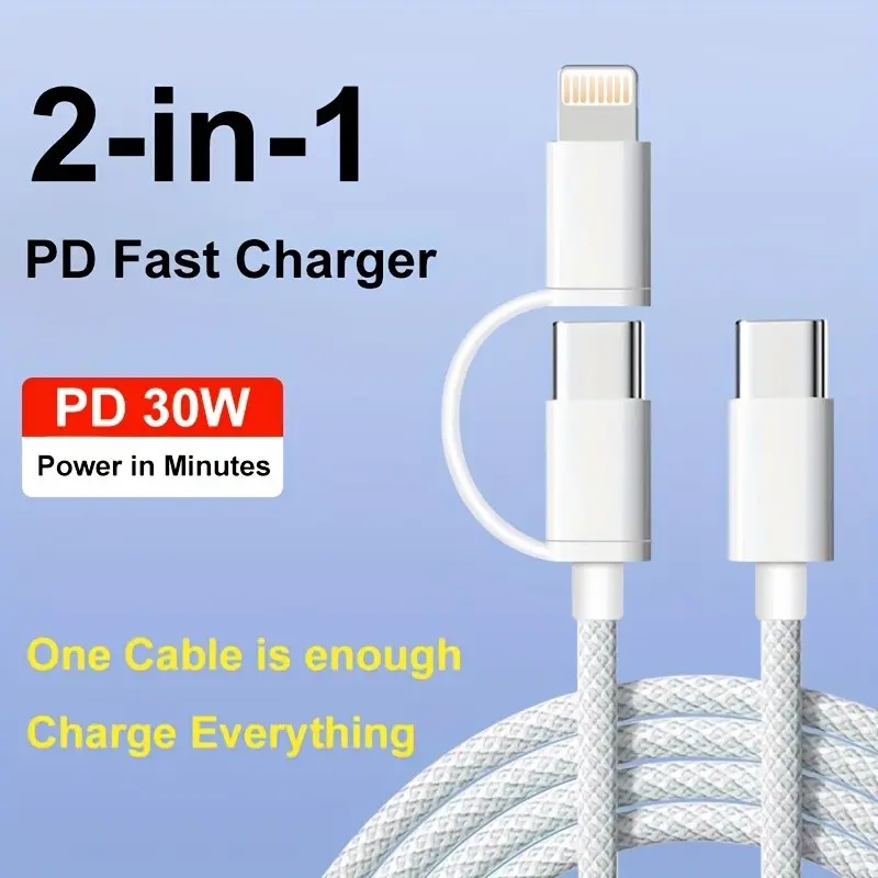 30w PD Fast Charging 2-In-1 USB-C Braided Cable, Compatible with iPhone and Android Devices, Durable Design for Daily Use