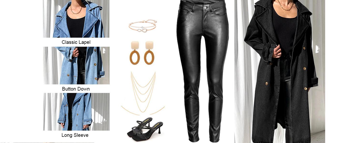 FMEYOA Women's Long Double Breasted Denim Jacket Oversized Button Down Maxi Jean Coat Classic Lapel Outercoat M8M483