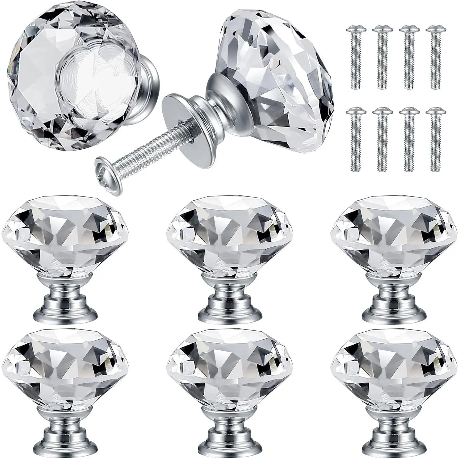 8 Pcs Crystal Glass Cabinet Knobs, Decorative Diamond Dresser Drawer Pulls Handles for Kitchen Bathroom Bedroom Furniture Cupboard Wardrobe (Silver, 30mm)Gift