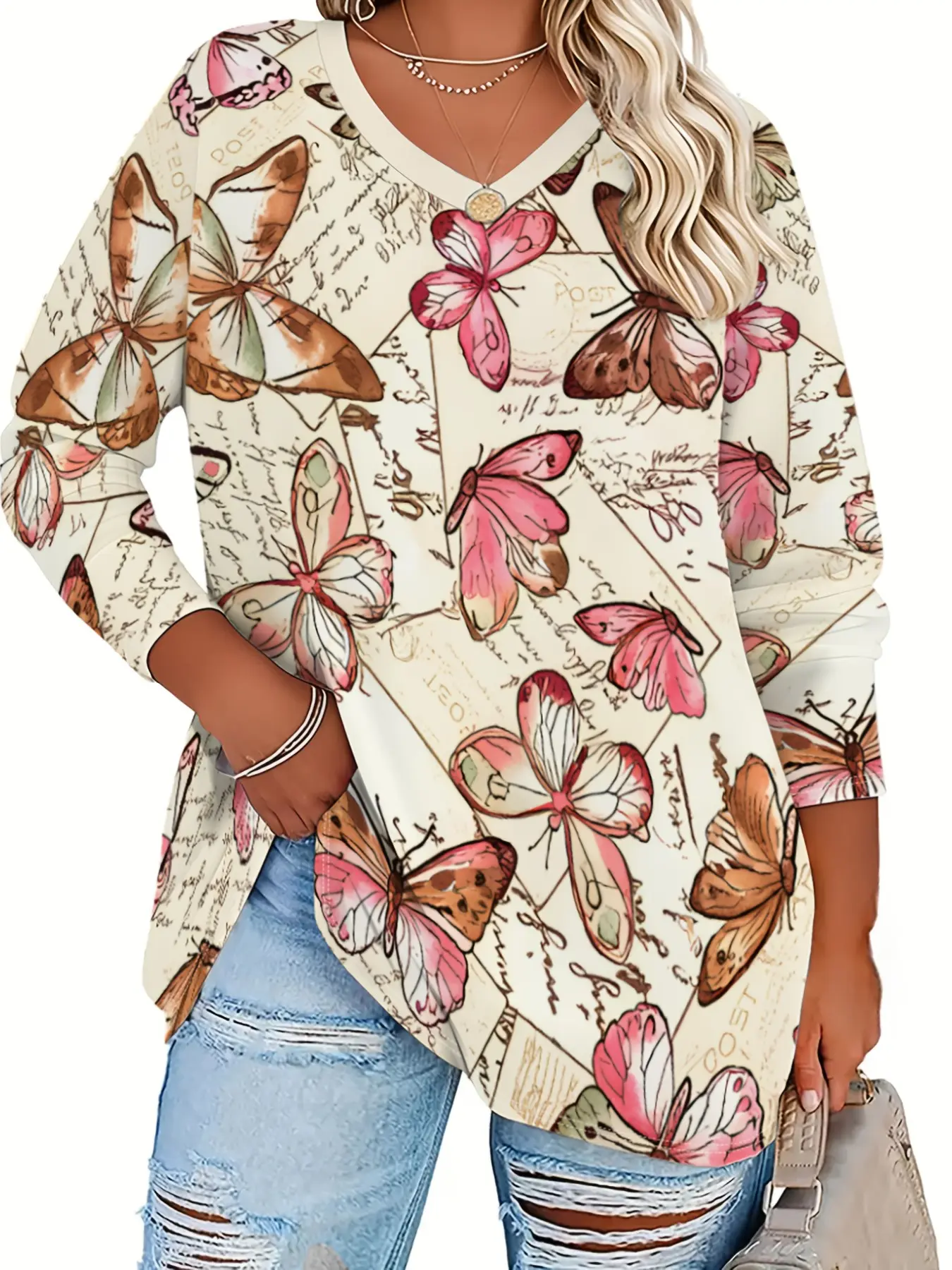 Black Base Iridescent Rhinestone Butterfly Print V-Neck Loose Long Sleeve Casual Top