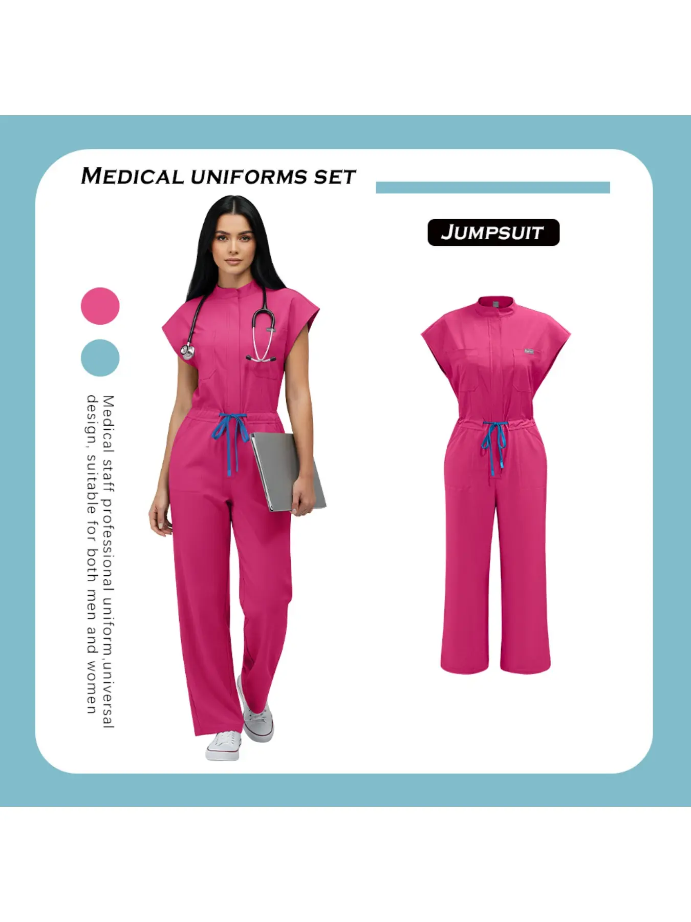 Women Short Sleeve Jumpsuit Multi Pockets Solid Color Clinical Doctor Nursing Uniform Work Outfit