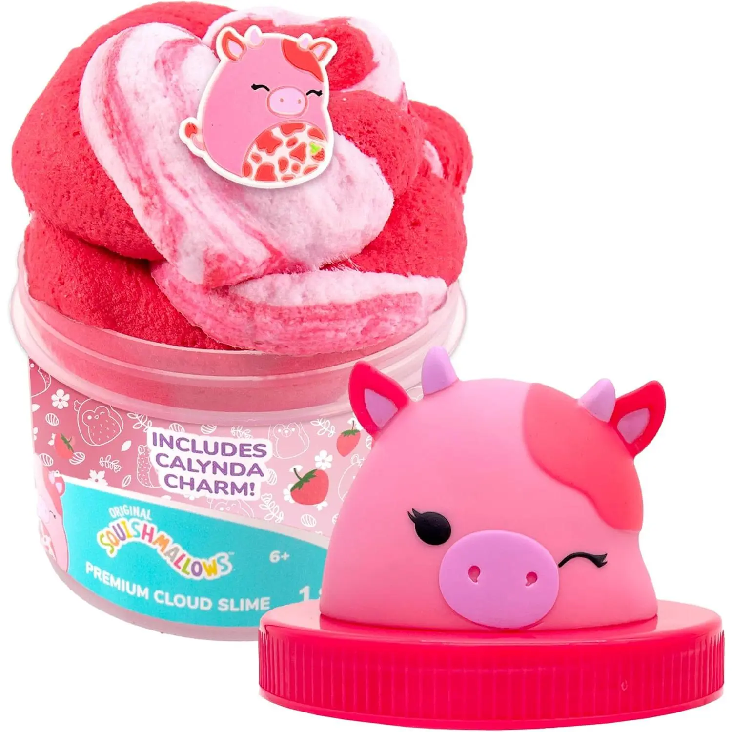 Original Squishmallows Calynda The Cow Premium Cloud Slime, Strawberry Scent, 8 oz. Jar Storage Container with Figurine Topper, Rubber Charm, Goodie Bags Stuffers, Kids Party Favors, Sensory Toys