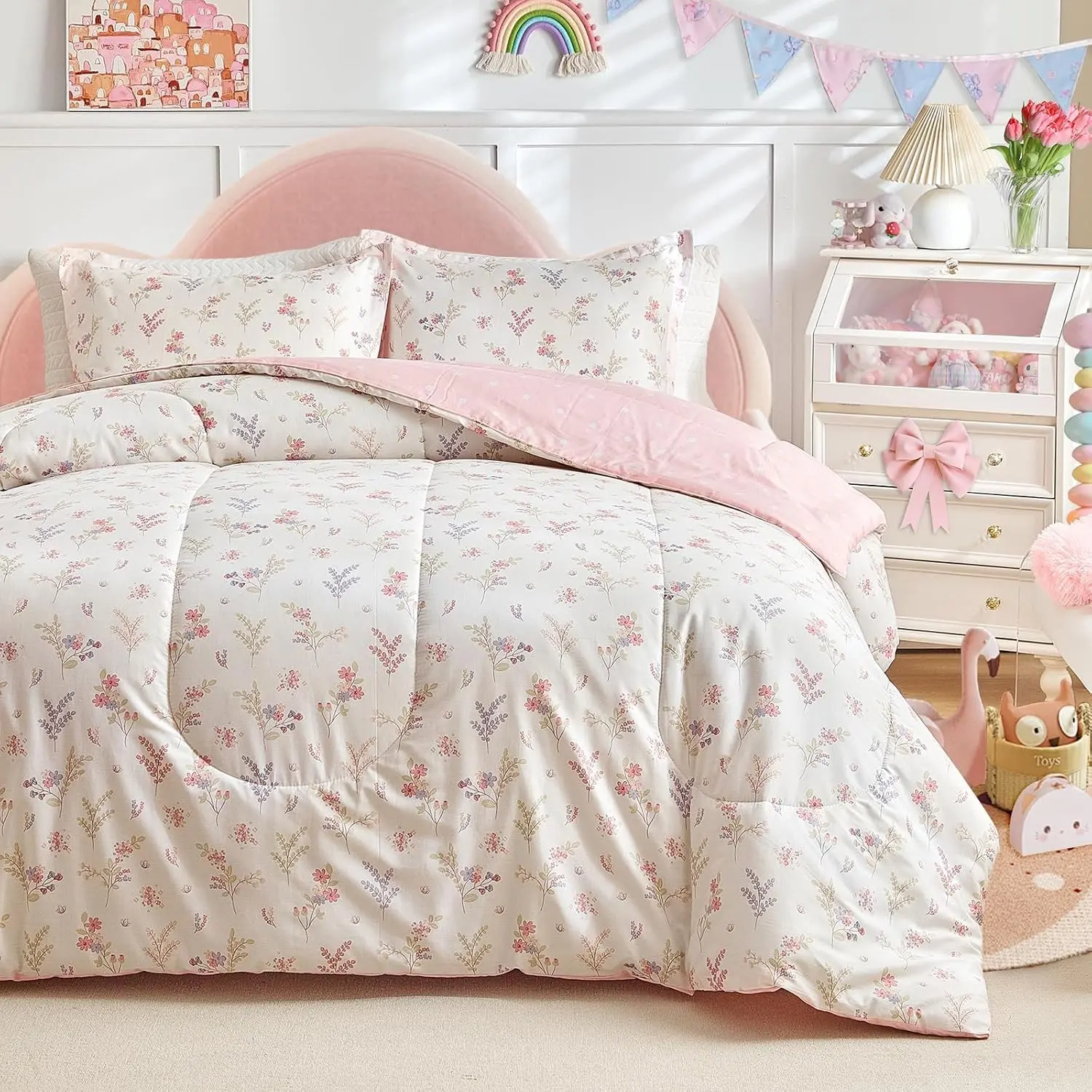 3pcs Cotton Comforter Set for Girls, Pink Floral Design, Twin Size Soft n Cozy Bedding Comforter Set for All Season- 68x88 inches