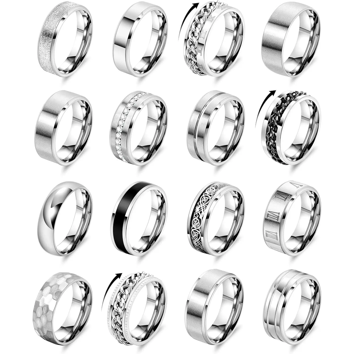 16PCS Silver Rings for Men Women Stainless Steel Band Simple Engagement Wedding Promise Rings Set