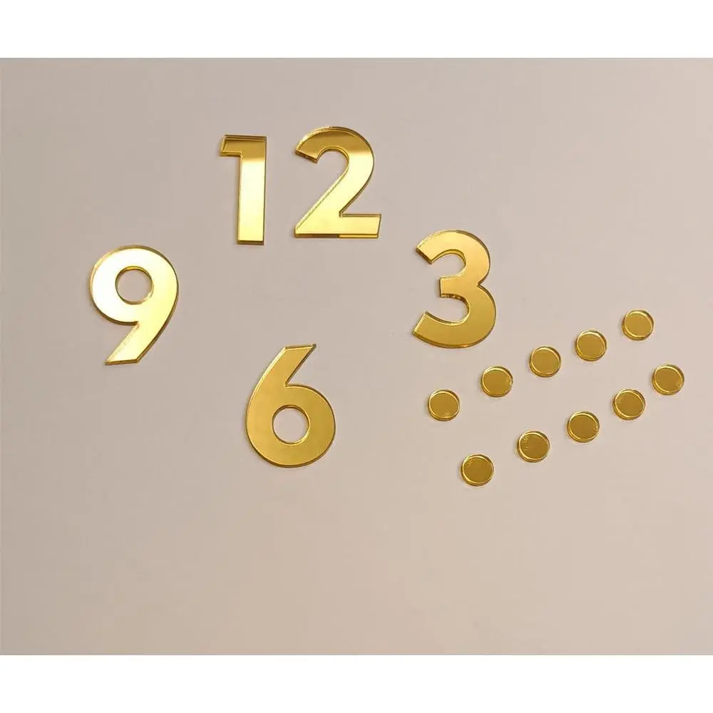 Set of 2 DIY Wall Clock Accessory,Mirrored Self Adhesive Acrylic Numbers (Numerals) and Dashes for a Wall Clock (Gold Mirror, 3CM)