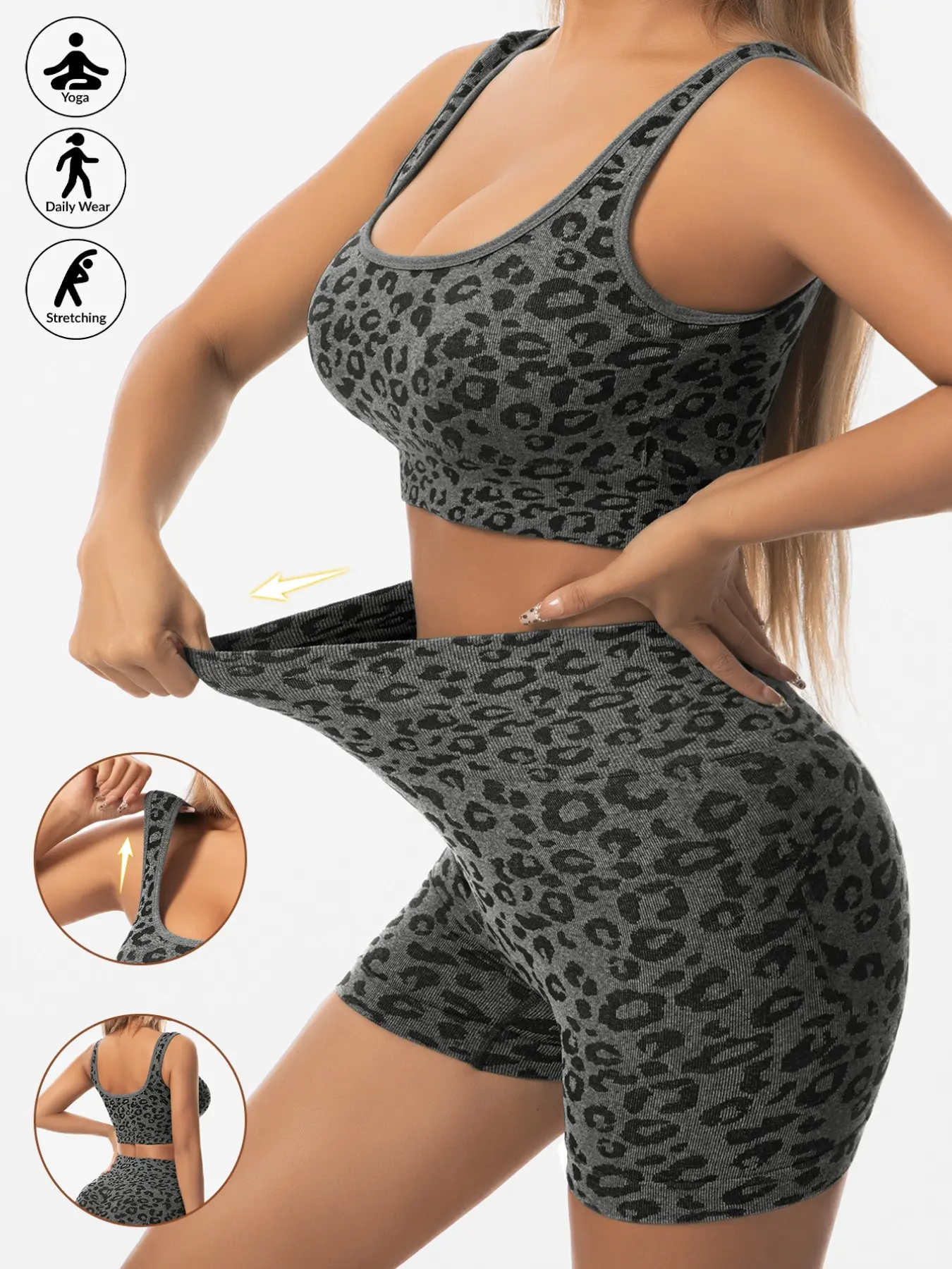 Women's Leopard Print Underwear Set, Wireless Detachable Pads Bra Top + High Waist Shorts, One-Piece Sports Vest, Casual Wear