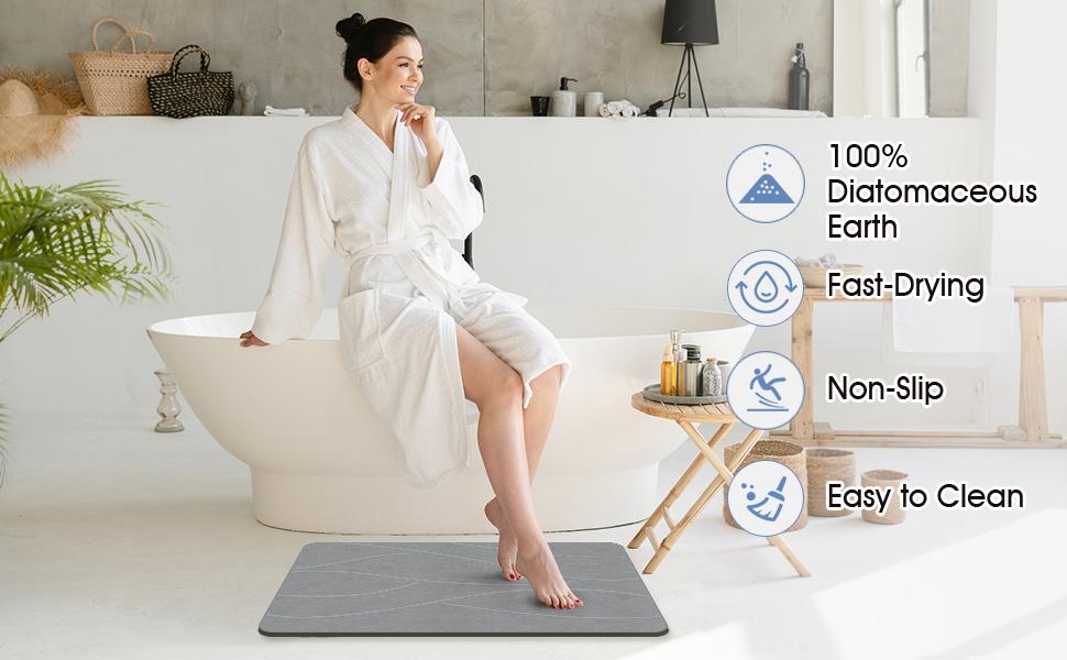 Stone Bath Mat Diatomaceous Earth Shower Mat Non-Slip Super Absorbent Diatomite Stone Bath Mats for Bathroom Floor Quick Drying Natural Easy to Clean