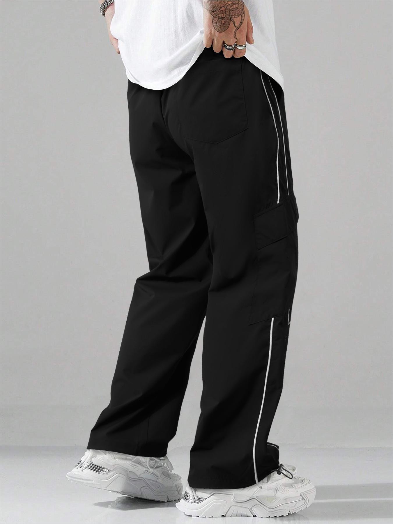 Men's Striped Print Drawstring Waist Pants Breathable Straight Leg Trousers for Outdoor Activities, Athleisure Style Bottoms, Men's Bottoms for All Seasons