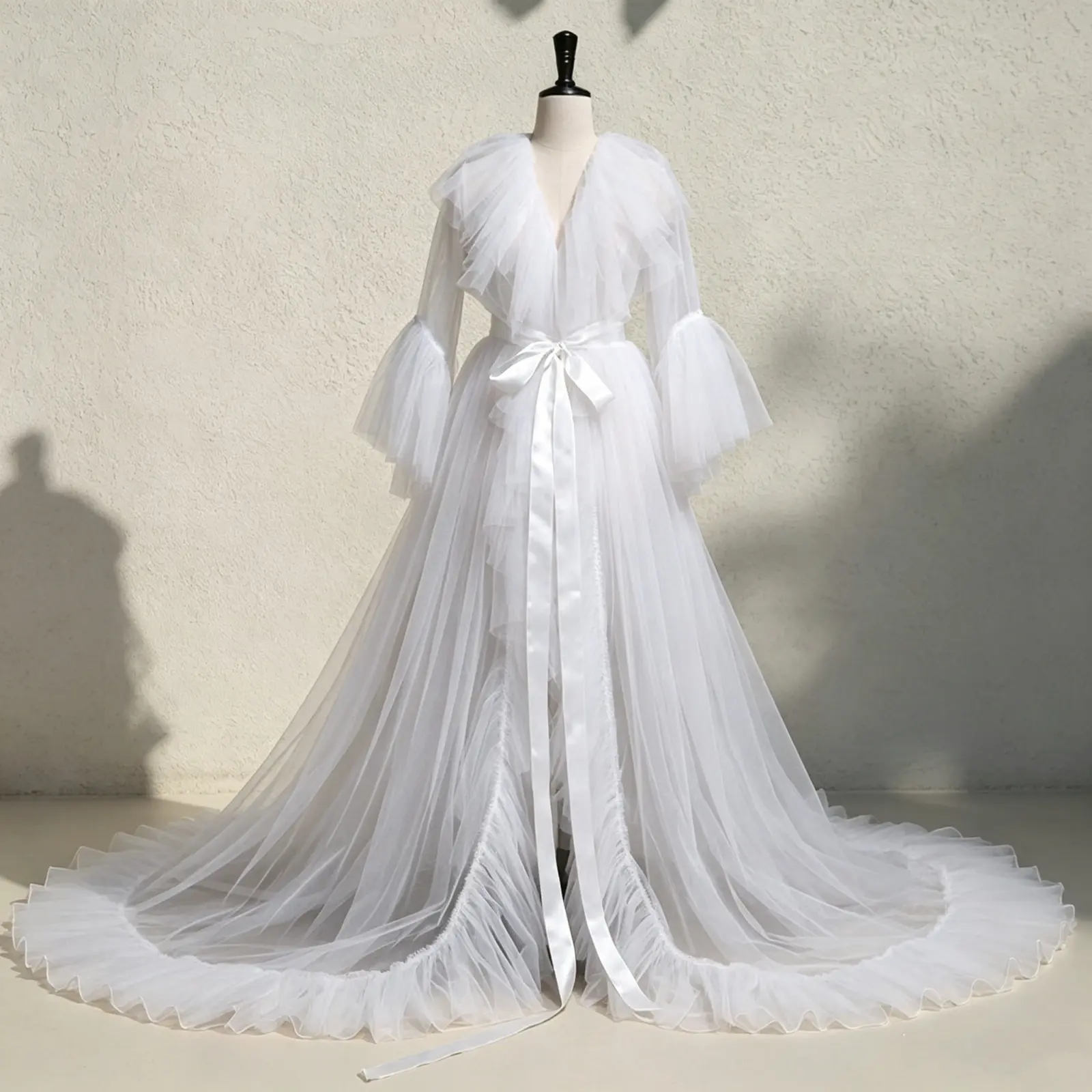 Women Kimono Dress Sheer Tulle V-Neck Long Flare Sleeves Floor Length Night-Robe Lingerie