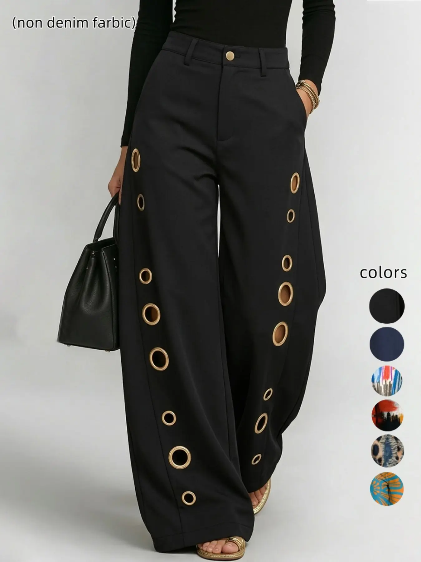 Solid Color Button Hollow-Out High-Waisted Loose Wide-Leg Pants, Stylish Pockets Long Trousers for Women