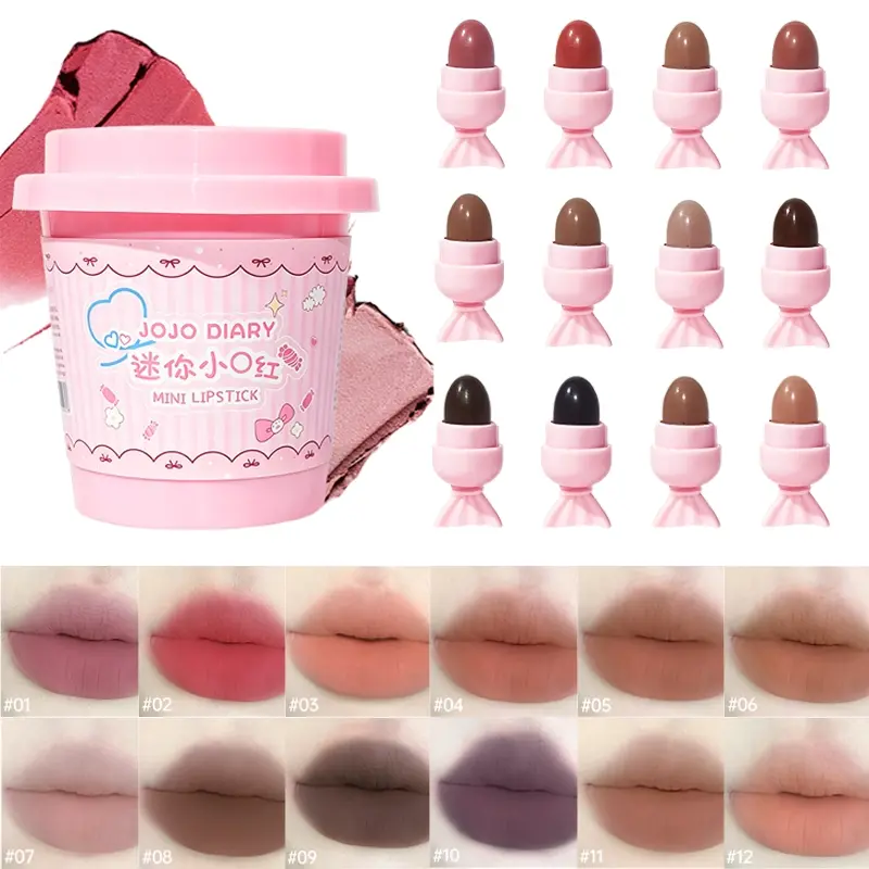 Candy Shaped Mini Lipstick Set 12 Assorted Shades Dual Use For Lips And Cheeks Silky Velvet Matte Texture High Saturated Pigment Light Thin Texture Natural Finish Soft Focus Mist Effect