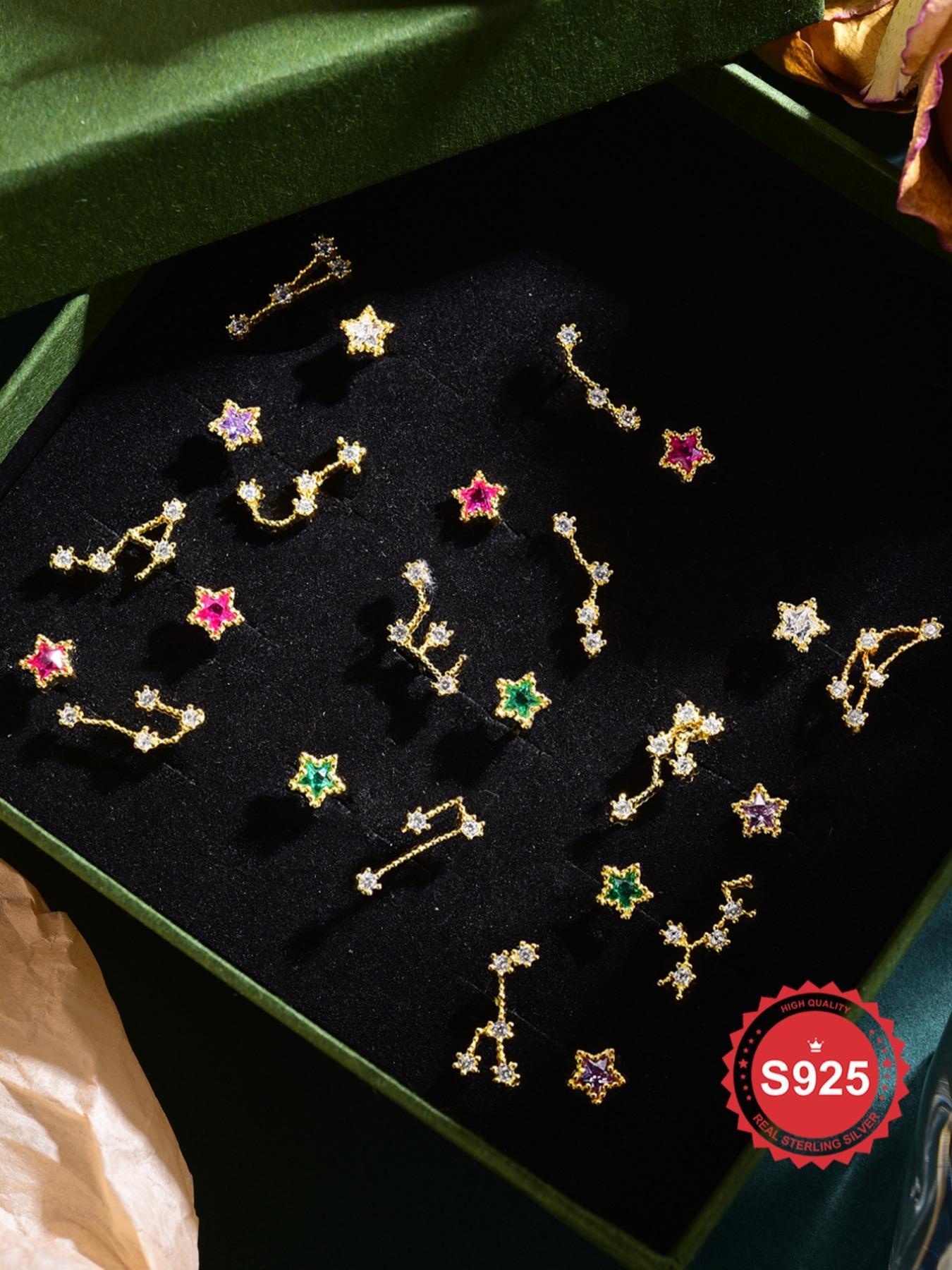 925 Sterling Silver Fashion Star & Twelve Constellation Design Stud Earrings, Asymmetric Earrings, Jewelry for Party, Daily Decor, Trendy All-match & Exquisite Jewelry for Birthday Gift