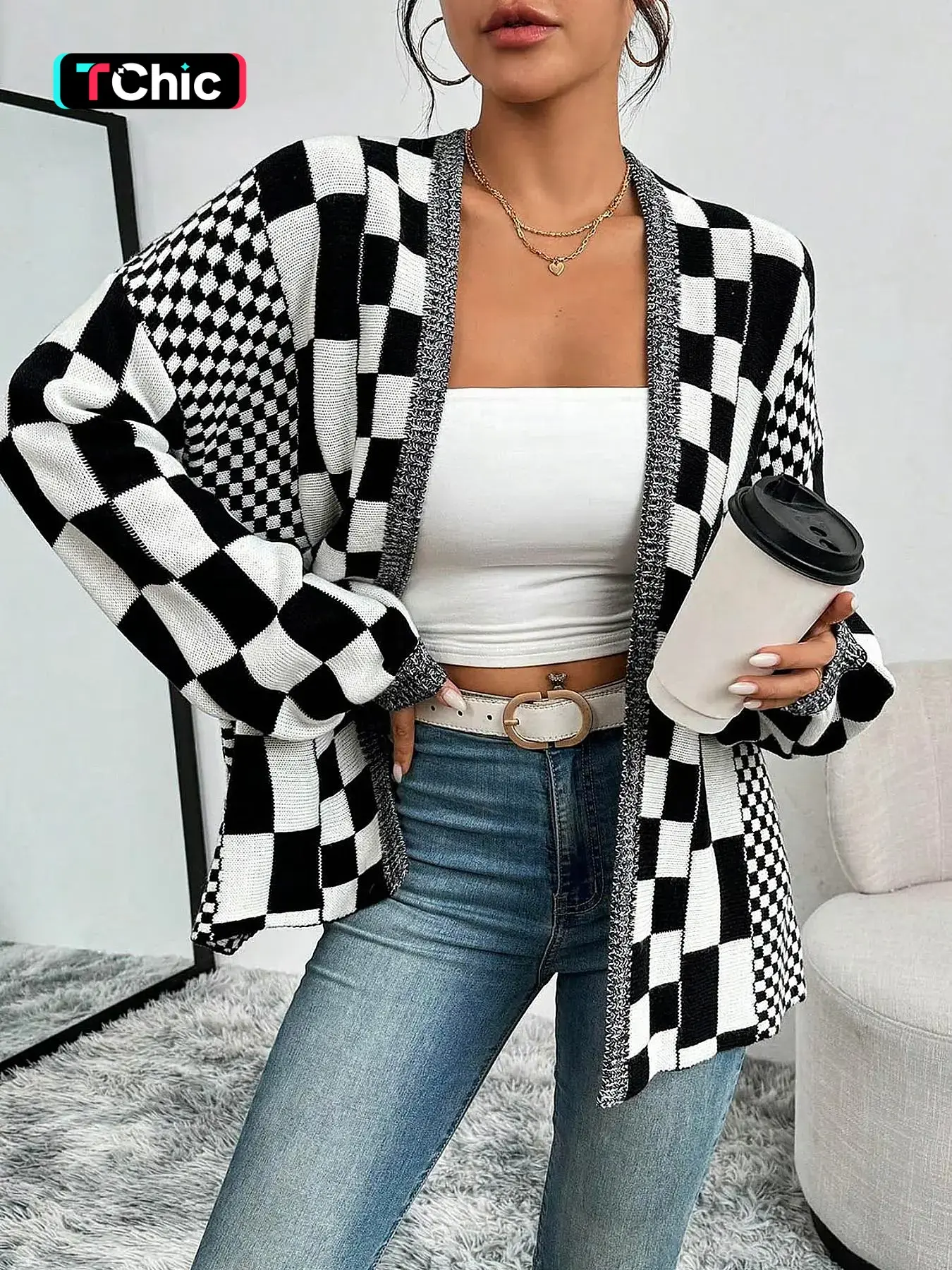 Women's Plaid Patchwork Colorblock Checkered Sweater Coat, Fall Winter Warm Soft Fashion Casual Style Loose Knit Long Sleeve Shawl Cardigan Top, Knitwear, Womenswear, Knitting