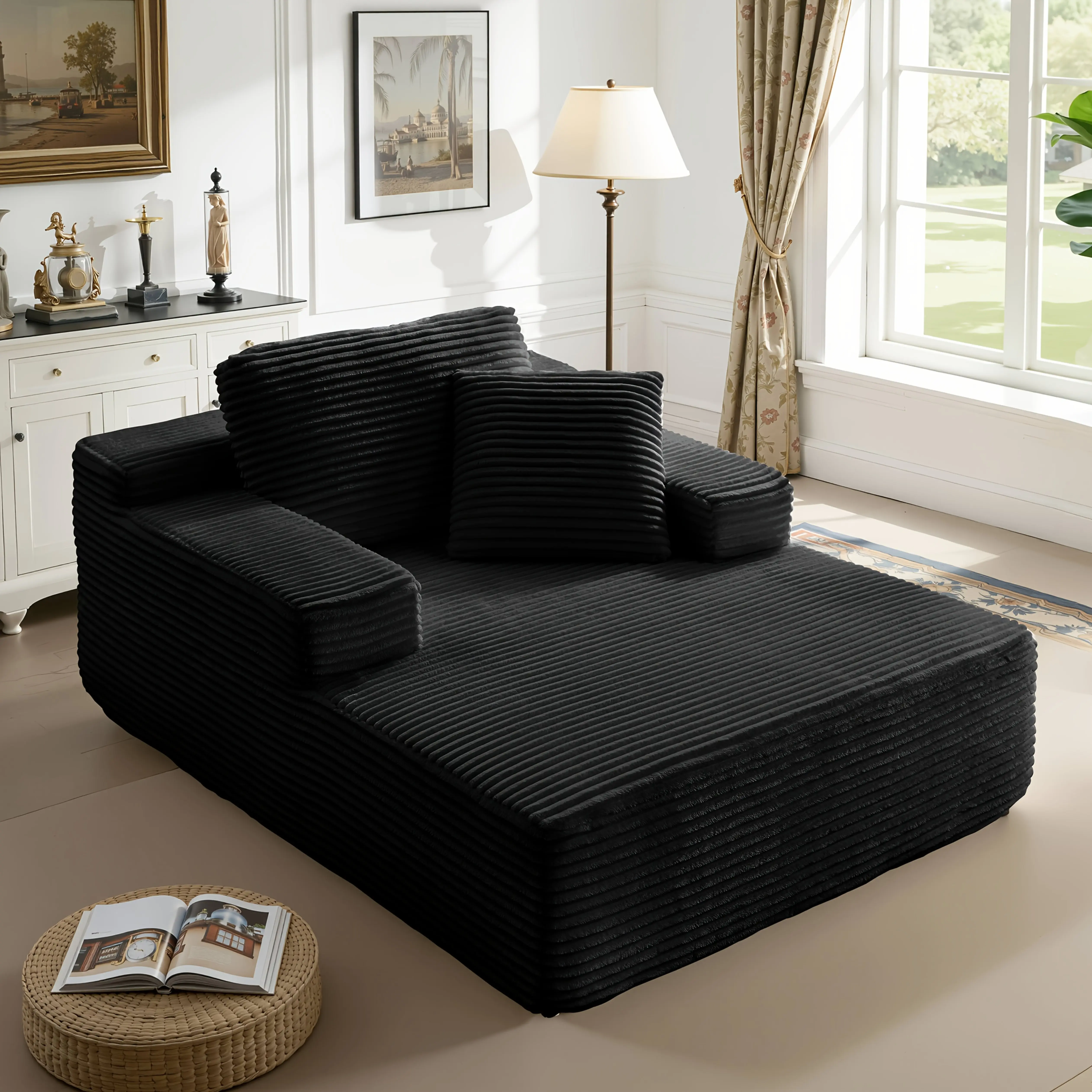 [U-Shaped Folding Sofa Bed] 51-Inch Oversized Boneless Lounge Chaise Recliner - Corduroy Sofa with Pillows And Armrests| Deep-Seat with High-Density Foam Cushion| Living Room/Apartment/Bedroom U-Shaped Folding Sofa Bed| No Assembly Required| Beige/Black/G