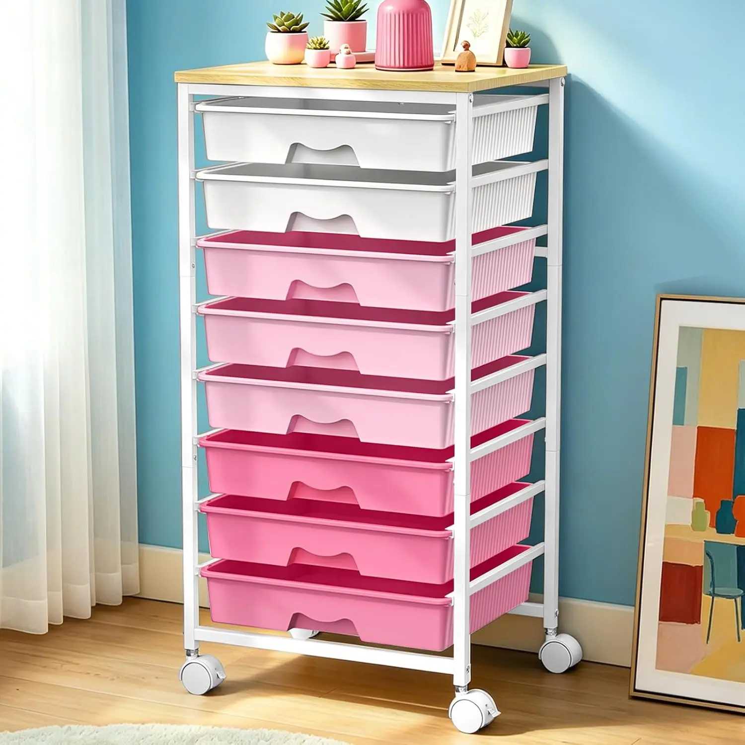 Rolling Cart With 5/8 Drawers, Storage Drawer Cart for Craft Art,Pink/Green/White | Storage Utility Cart with Wooden Tabletop & 2 Lockable Wheels, Teacher Storage Cart for Classroom School Storage, Makeup,Nail deskmakeover