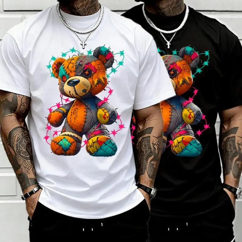 Men's Baggy Shortsleeve T-Shirt with Teddy Bear Graffiti Print, 2000s-Inspired Urban Streetwear for Back to School Outfits, Street Style, Menswear, Oversized, Students, Tshirt