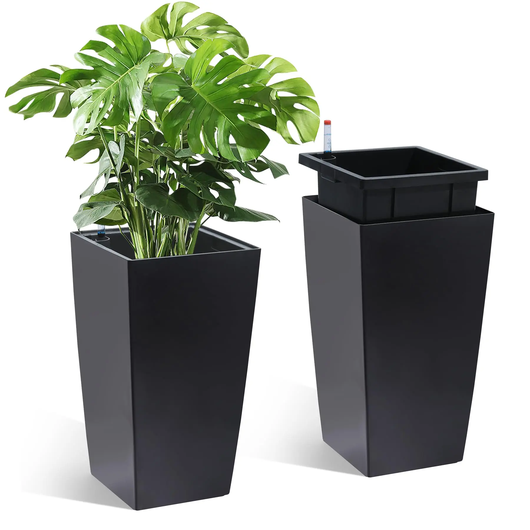 2Pcs 16/22" Tall Outdoor＆Indoor Black Planter Pots with Drainage Holes＆Water Level Monitor＆Inner Bucket