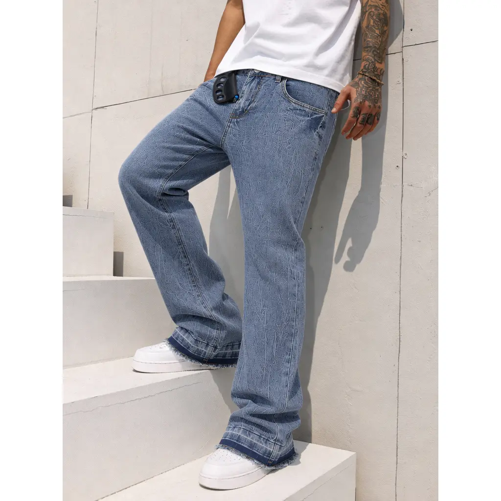Man's High Stretch Bootcut Flared Jeans, Light Blue Crack Texture Vintage Washed Denim Pants, Raw Frayed Hem Y2K Streetwear Casual Trousers