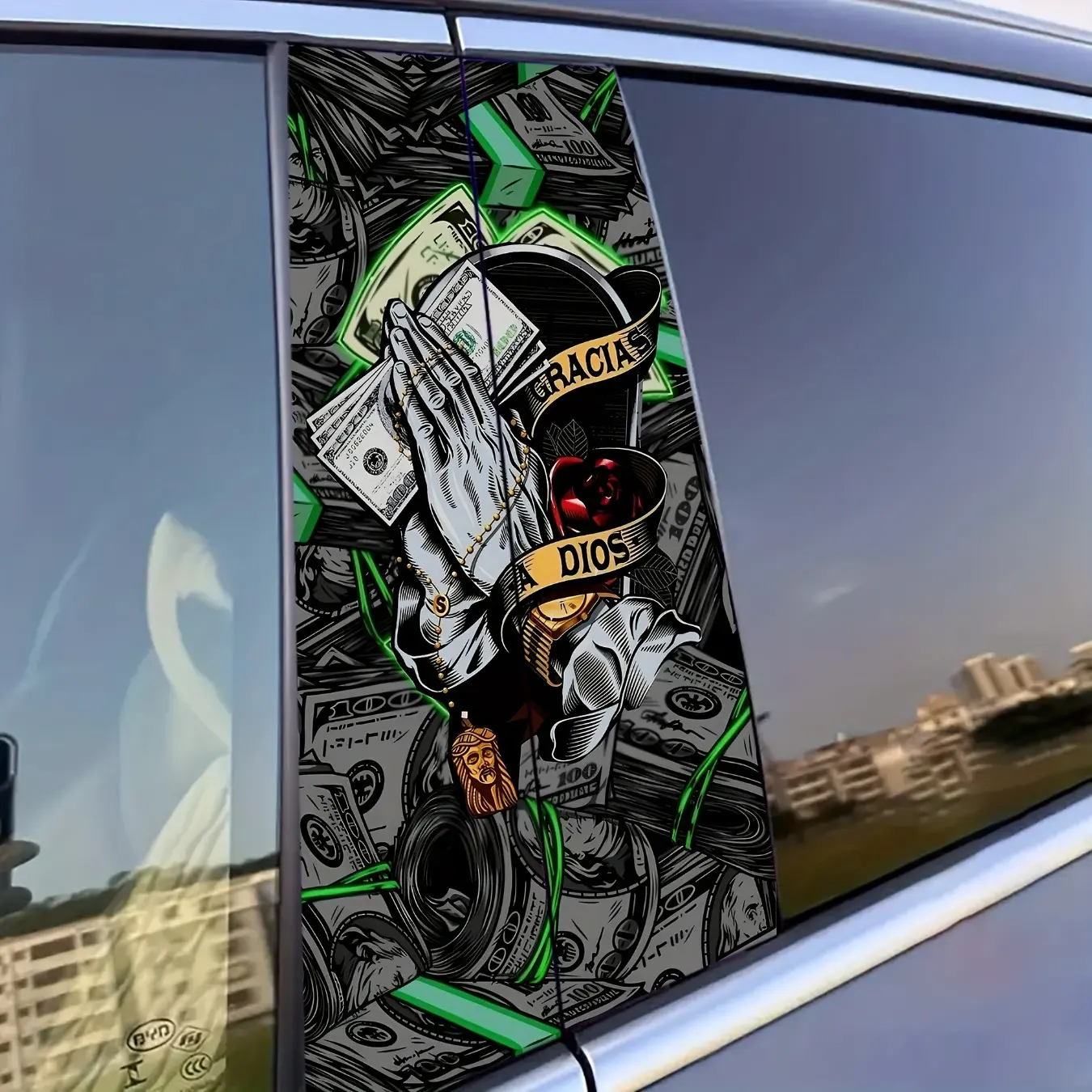 2D Flat, 2pcs Wealth Vinyl Car B-Pillar Stickers - Scratch-Resistant Waterproof Decals Suitable for Cars, Trucks, SUVs - Easy Apply/Remove No Residue Luck for Plastic/Metal B-Pillars (Religious Vehicle Decoration), 2D Flat