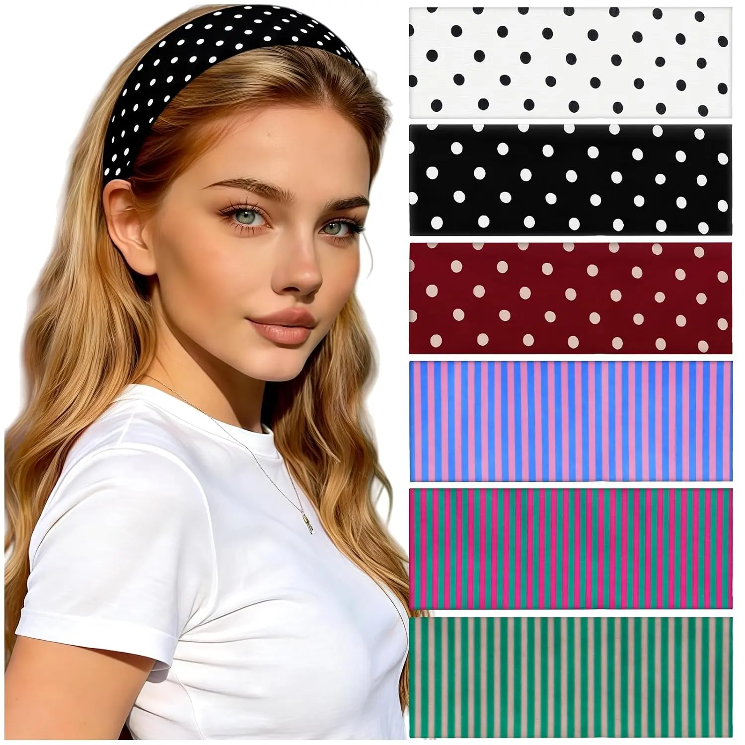 6 count Polka Dot Headband for Women Non Slip Wide Headbands Fashion Stripe  Bands Cute Soft Fabric Bandanas Elastic  Hairbands for Yoga  Workout  Trendy Hair Accessories