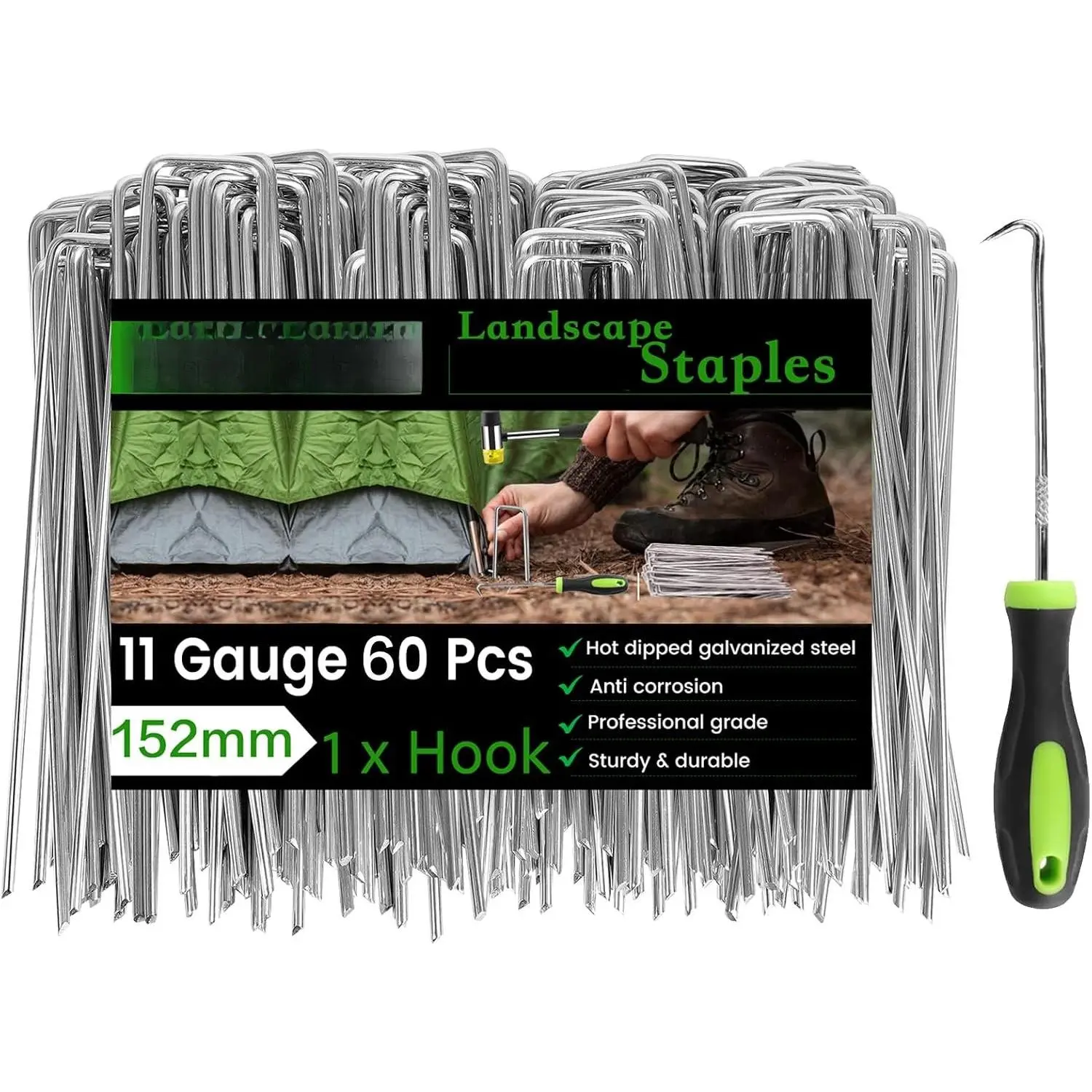 60 Pack 6 Inch Landscape  + 1 Hook 11 Gauge Heavy Duty Galvanized Garden Stakes, U-Shaped Ground Pins for Weed Barrier Fabric, Drip Irrigation Tubing, Sod, Lawn & Christmas Outdoor Decorations
