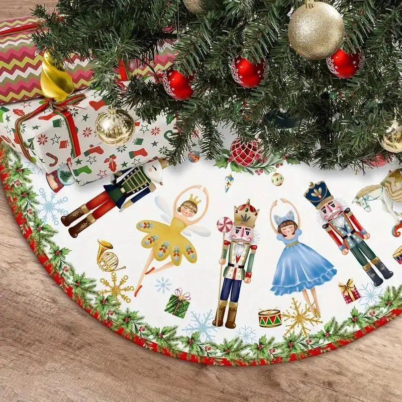 Nutcracker Christmas Tree Skirt with Wreath Design, Festive Polyester Ornament Mat, Indoor Outdoor Holiday Decorations