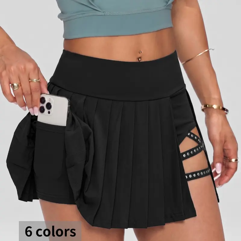 Gm036# High-Waisted Pleated Skirt Shorts for Women, Athletic Skirts, Quick-Dry Sports Pants with Pockets, Outdoor Tennis Skirt, Anti-Slip Design