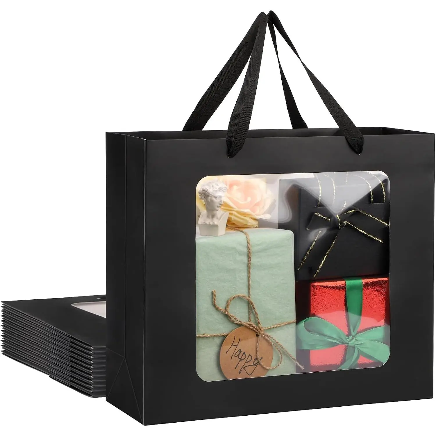 Large Birthday  Bags, 12 count 12.5"x4.5"x11" Black Clear Transparent Paper Bags with Handles, Bouquet Tote  Shopping Bag with Transparent Window for Wedding Festival Bridal Party Favor