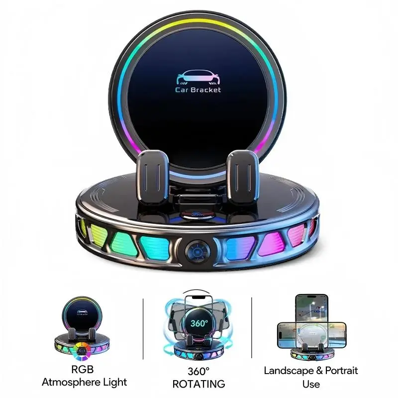360° Rotating Wireless Charging Car Phone Mount with RGB Ambient Light – Ultra-Stable Vacuum Suction & Auto-Lock Holder for Dashboard & Windshield, Fits iPhone & Android,Car companion, pleasant atmosphere