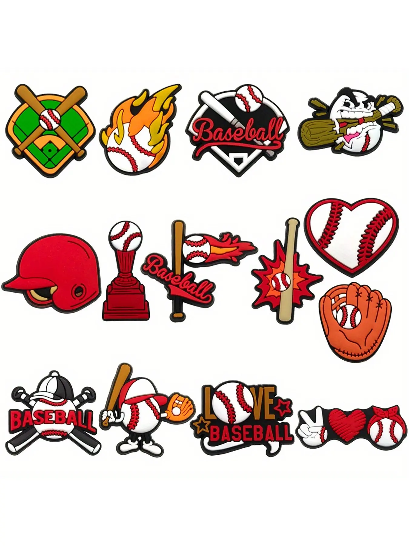 American Baseball Theme Shoe Accessories Set, Shoe Charms Set, 14 Pieces, Flame Baseball Heart Slogan Cartoon Pattern, Versatile Soft Rubber Shoe Decor Gift, Decorative Shoe Accessories