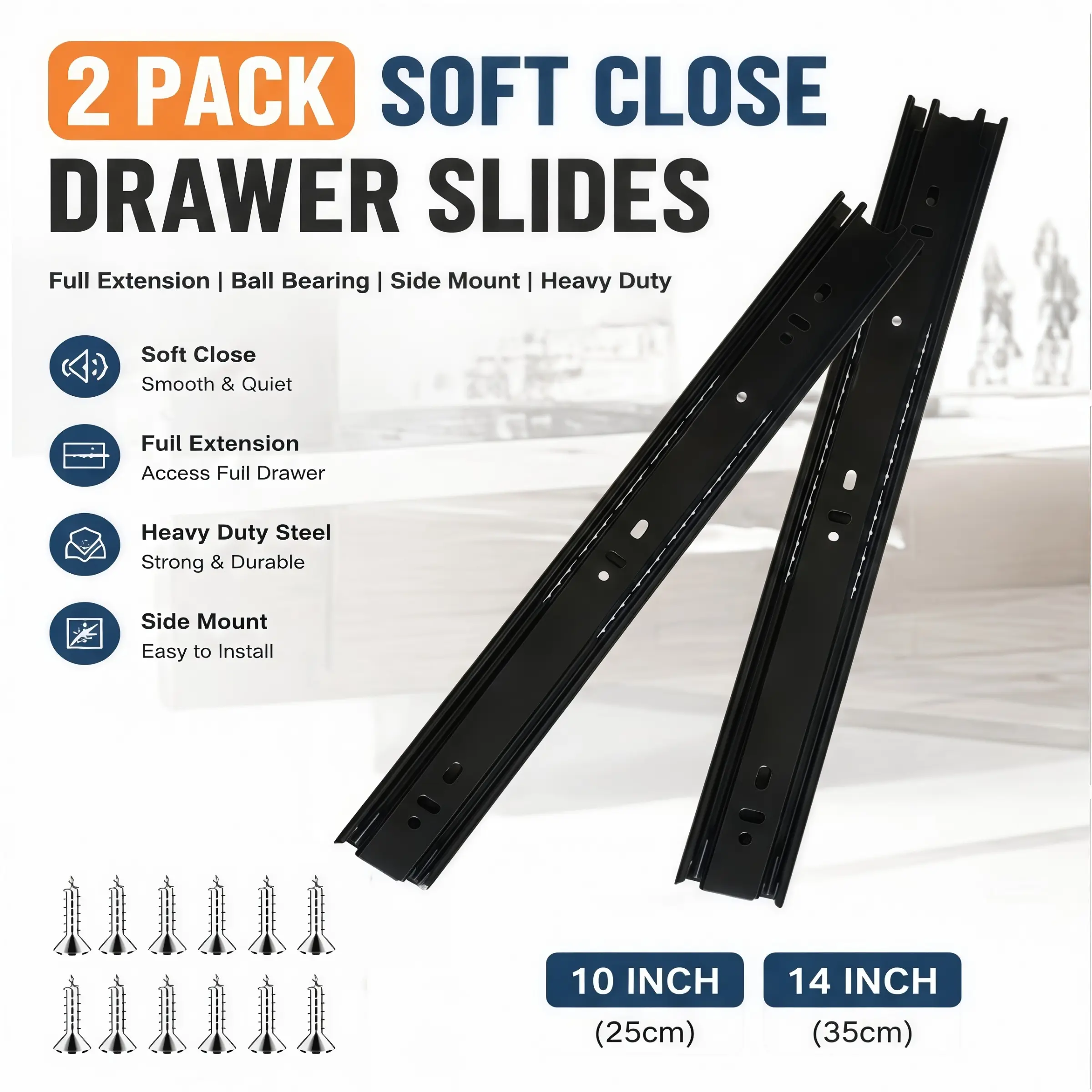 2-Pack Soft Close Drawer Slides, Full Extension Ball Bearing Side-Mount Drawer Slides, Heavy-Duty Steel Hardware Drawer Rails, 10/14 Inch, for Cabinets, Dressers, Office Desks and DIY Furniture Projects