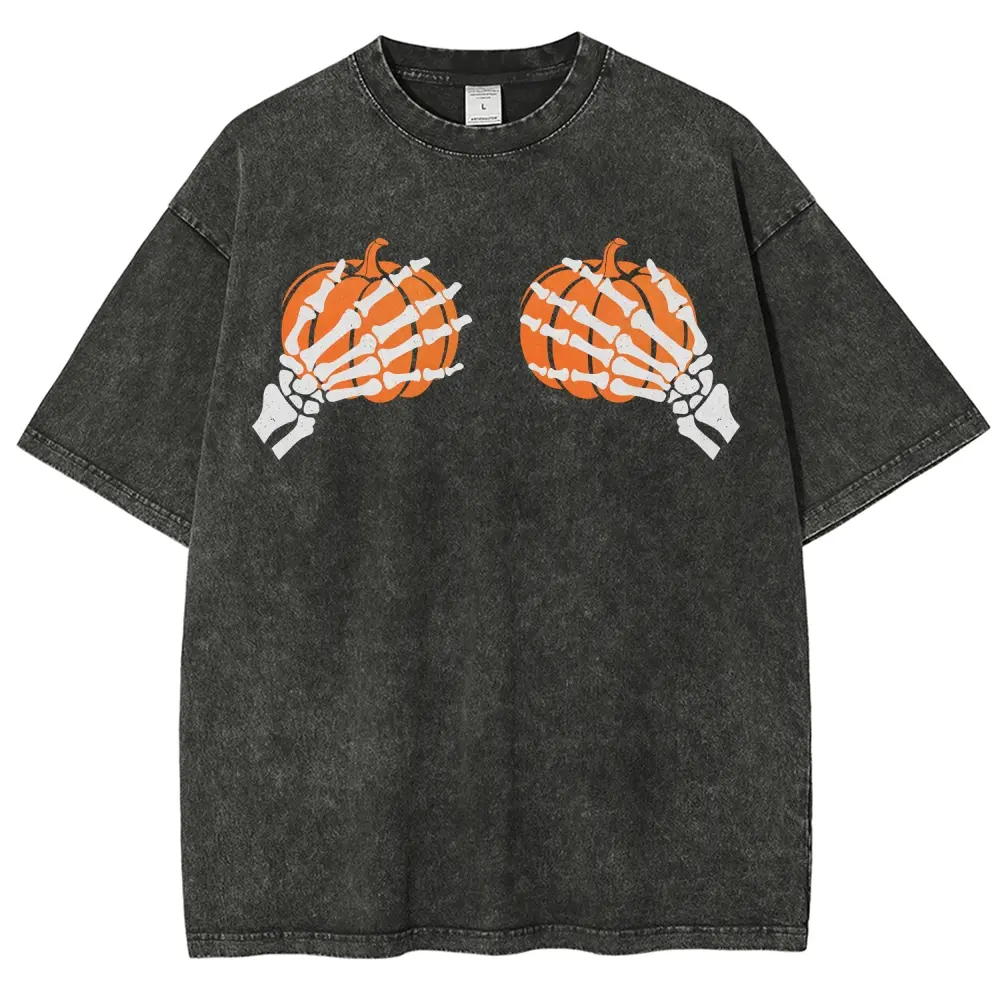 Gothic Graphic T-Shirt with Skeleton Hands & Pumpkin, Unisex Vintage 100% Cotton Oversized Halloween Top, S, 5Xl, Cold Wash, Loose-Fitting, 3Xl, Shortsleeve, Fabric