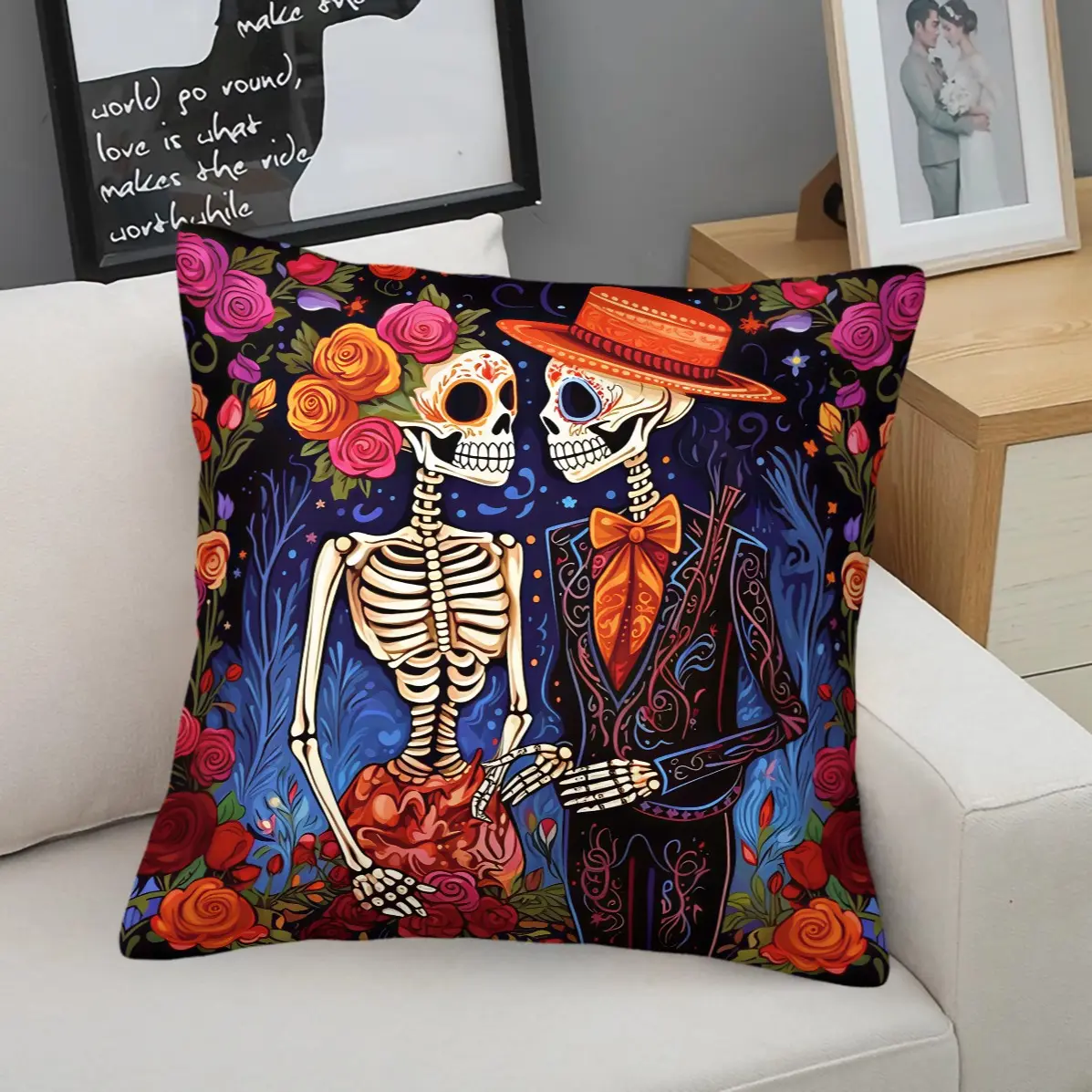45x45cm 1Pc Vintage Halloween Throw Pillow, Folk Guitar Skeleton Couple Floral Pattern, Indoor Themed Sofa Decor Cushion With Insert